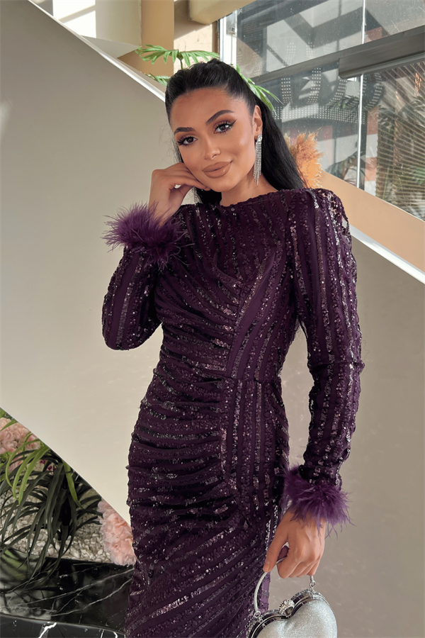 Pul Payet Kumaş Tesettür Abiye Elbise - PATLICAN MOR