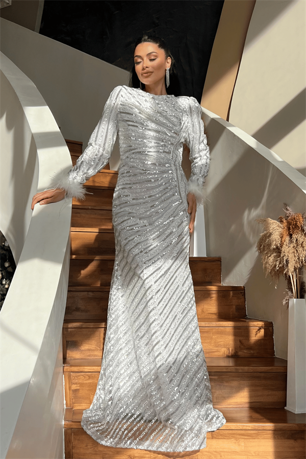 Pul Payet Kumaş Tesettür Abiye Elbise - BEYAZ