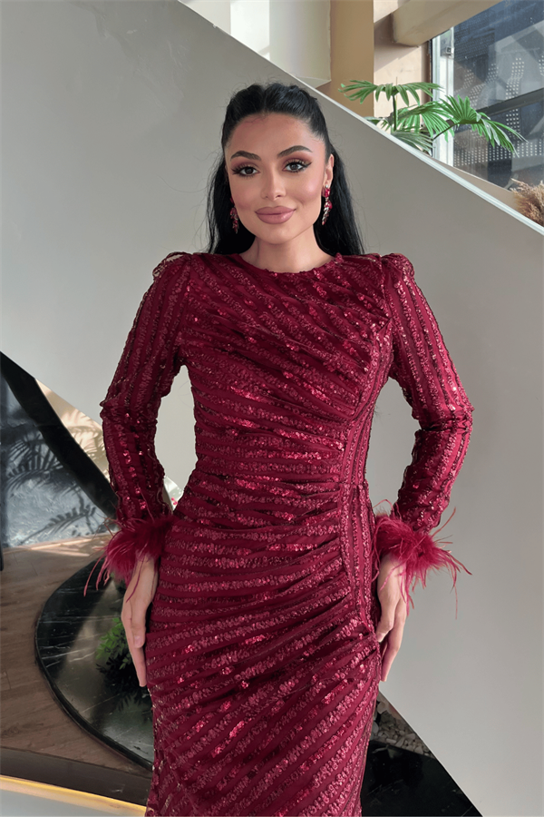 Pul Payet Kumaş Tesettür Abiye Elbise - BORDO