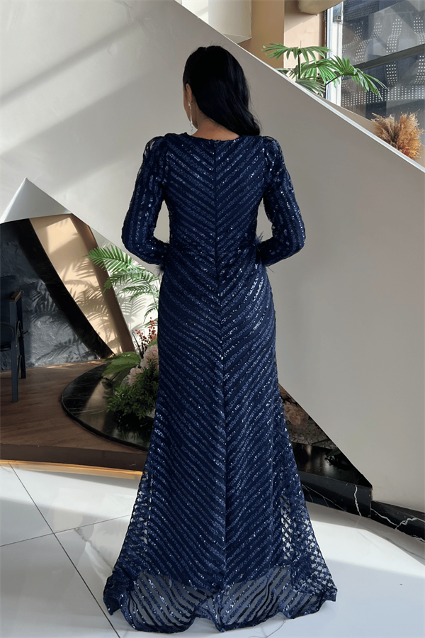 Pul Payet Kumaş Tesettür Abiye Elbise - LACİVERT