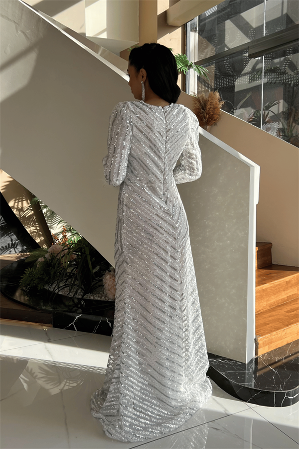 Pul Payet Kumaş Tesettür Abiye Elbise - BEYAZ