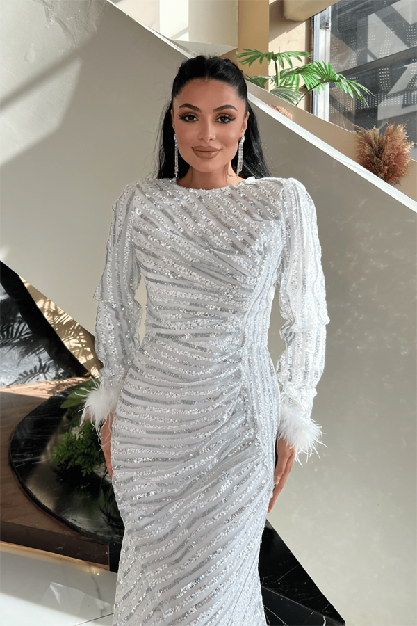 Pul Payet Kumaş Tesettür Abiye Elbise - BEYAZ