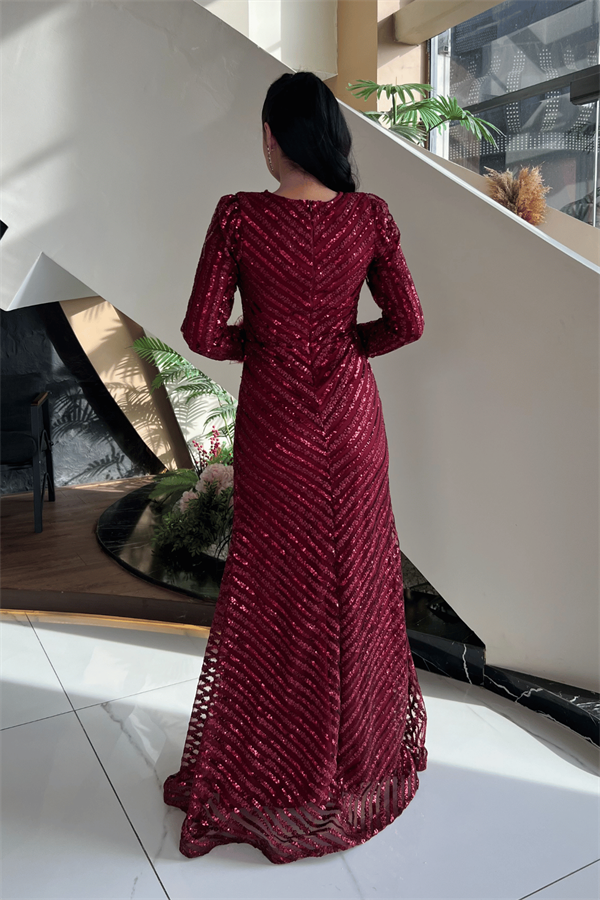 Pul Payet Kumaş Tesettür Abiye Elbise - BORDO