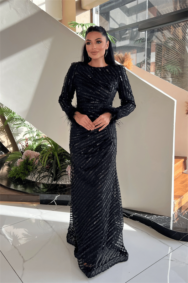 Pul Payet Kumaş Tesettür Abiye Elbise - SİYAH