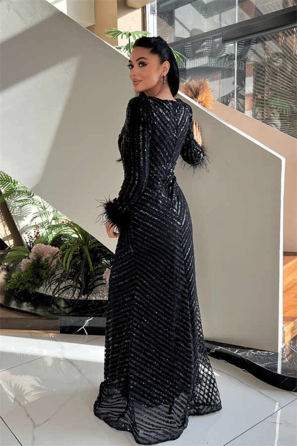 Pul Payet Kumaş Tesettür Abiye Elbise - SİYAH