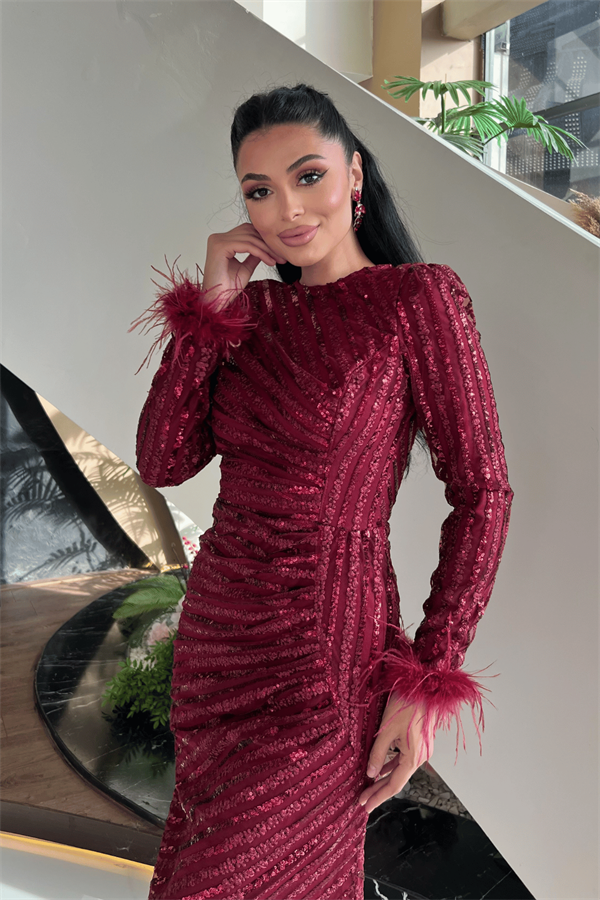 Pul Payet Kumaş Tesettür Abiye Elbise - BORDO