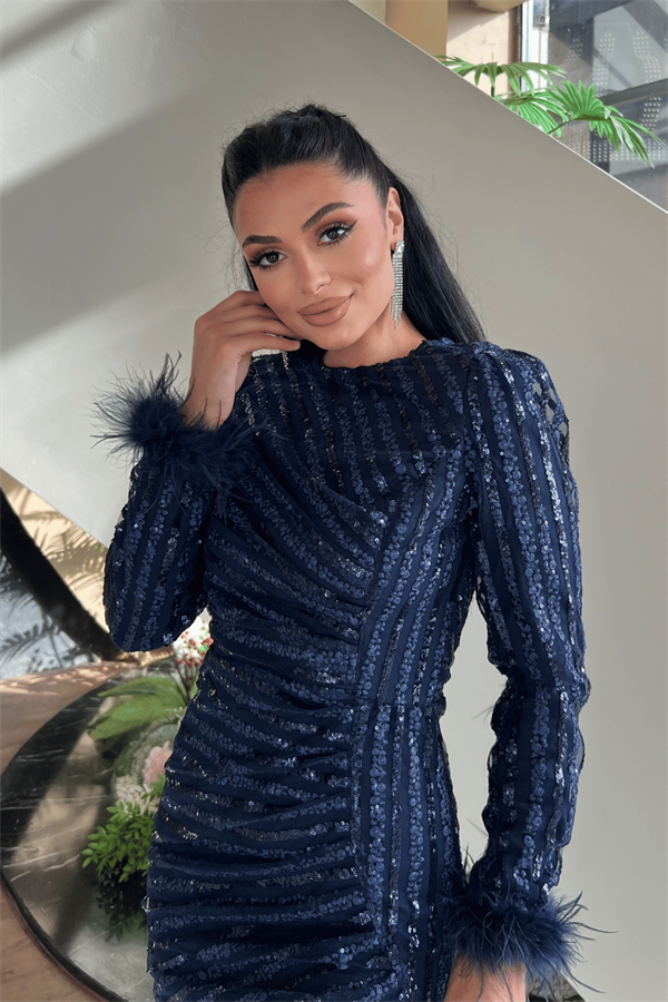 Pul Payet Kumaş Tesettür Abiye Elbise - LACİVERT