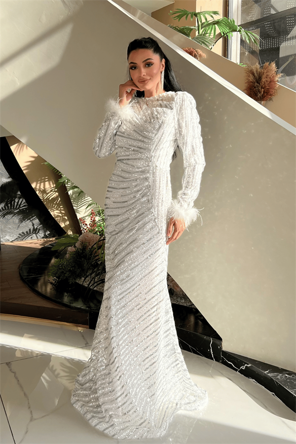 Pul Payet Kumaş Tesettür Abiye Elbise - BEYAZ