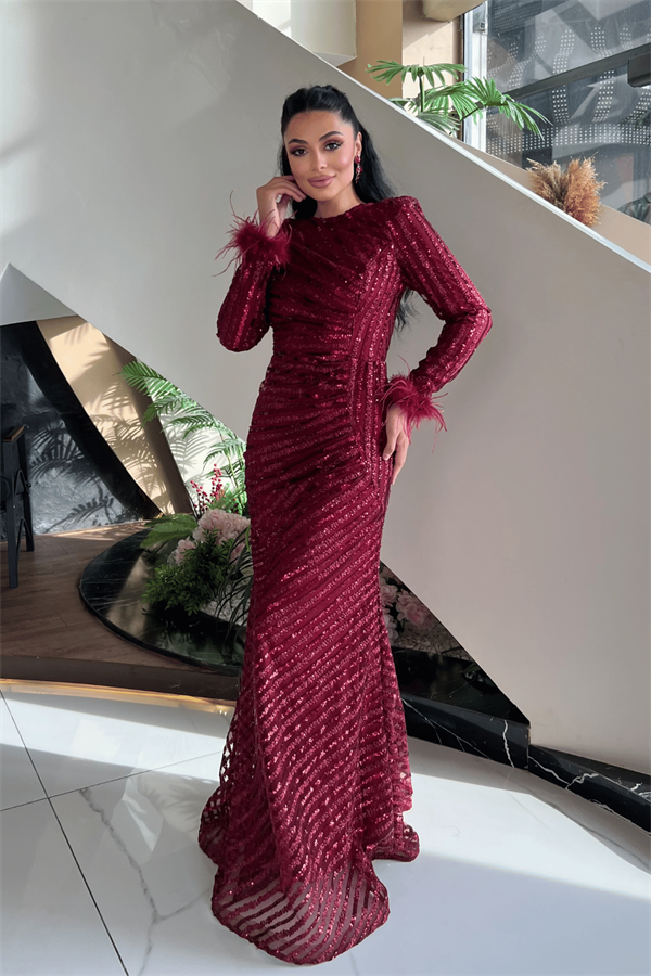 Pul Payet Kumaş Tesettür Abiye Elbise - BORDO