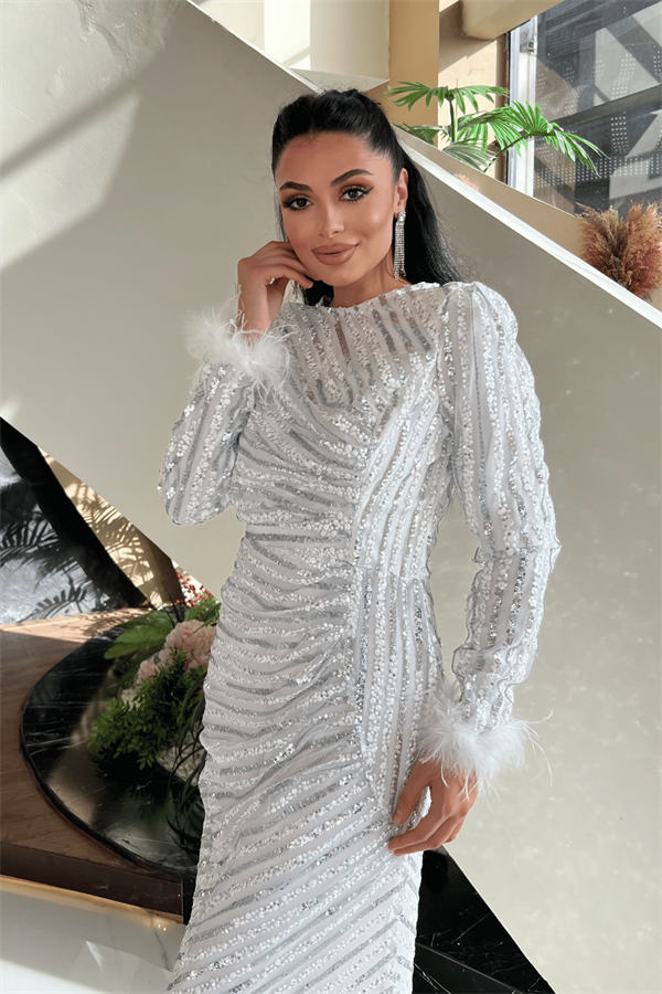 Pul Payet Kumaş Tesettür Abiye Elbise - BEYAZ