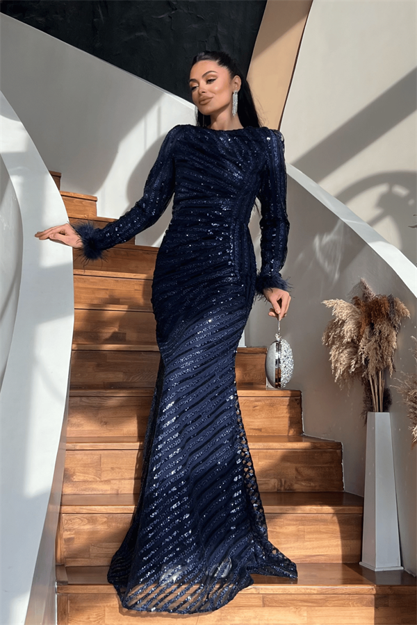 Pul Payet Kumaş Tesettür Abiye Elbise - LACİVERT