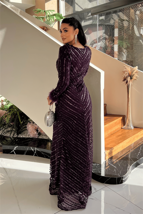 Pul Payet Kumaş Tesettür Abiye Elbise - PATLICAN MOR