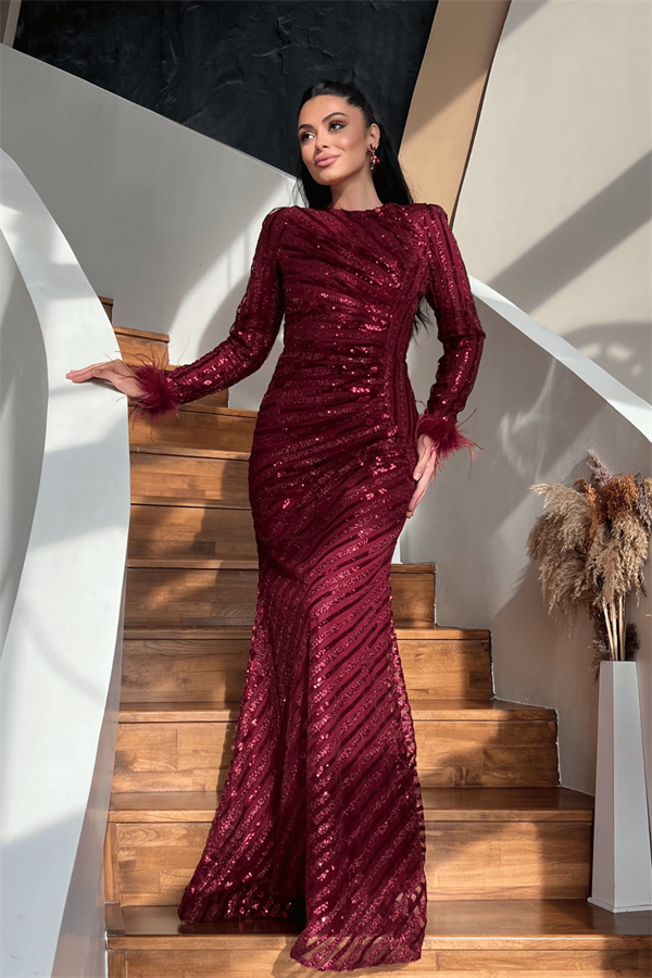 Pul Payet Kumaş Tesettür Abiye Elbise - BORDO