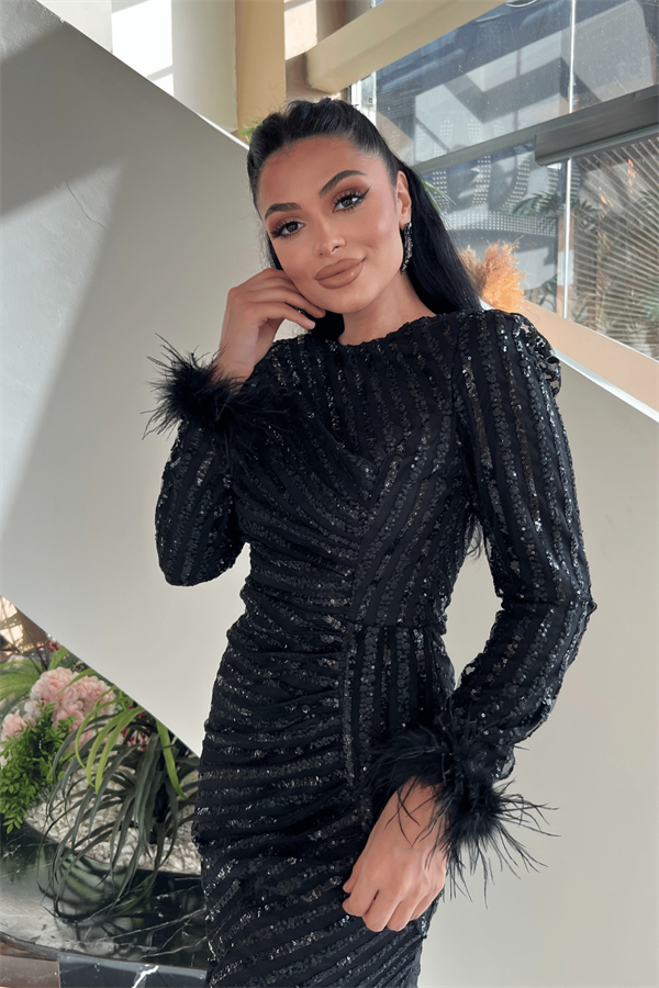 Pul Payet Kumaş Tesettür Abiye Elbise - SİYAH