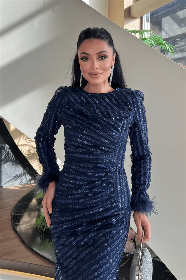 Pul Payet Kumaş Tesettür Abiye Elbise - LACİVERT