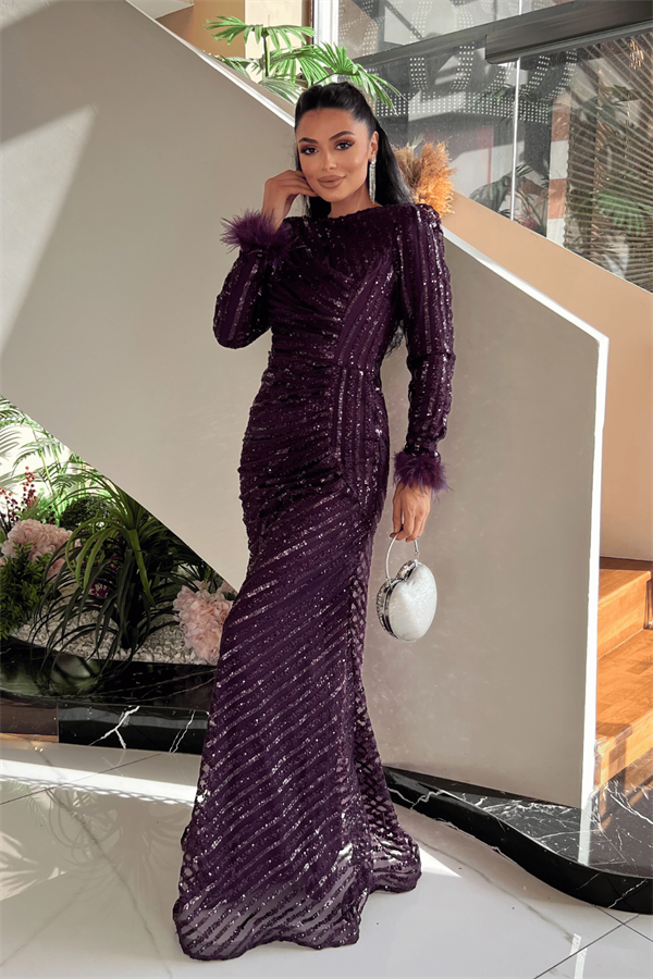 Pul Payet Kumaş Tesettür Abiye Elbise - PATLICAN MOR