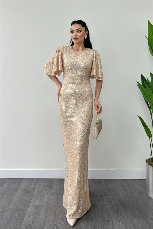 Pul Payet Kumaş V Yaka Abiye Elbise - GOLD