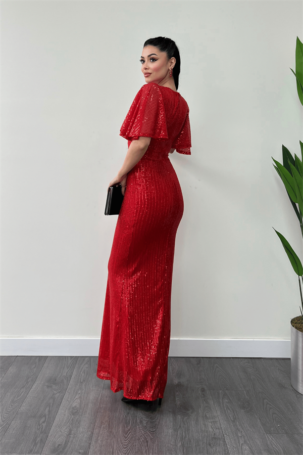 Pul Payet Kumaş V Yaka Abiye Elbise - KIRMIZI