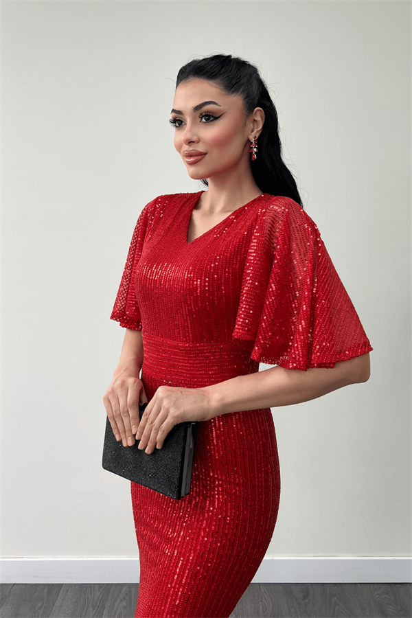 Pul Payet Kumaş V Yaka Abiye Elbise - KIRMIZI