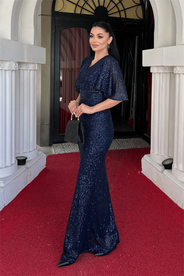 Pul Payet Kumaş V Yaka Abiye Elbise - LACİVERT