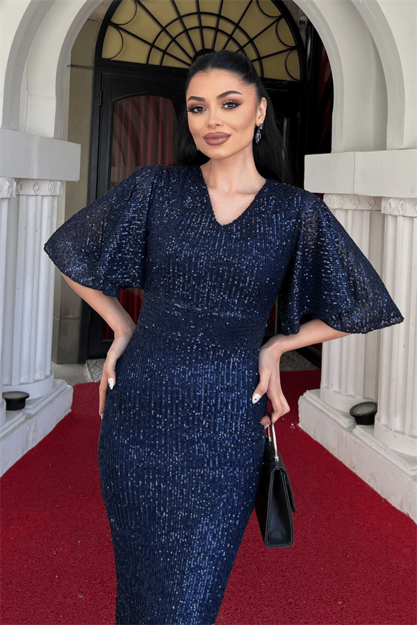 Pul Payet Kumaş V Yaka Abiye Elbise - LACİVERT