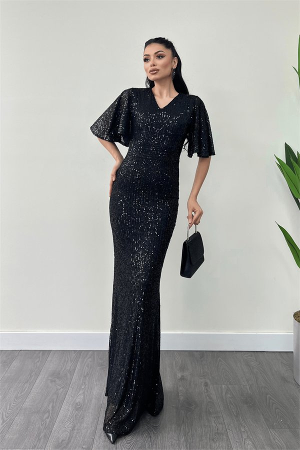 Pul Payet Kumaş V Yaka Abiye Elbise - SİYAH