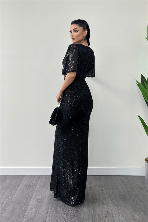 Pul Payet Kumaş V Yaka Abiye Elbise - SİYAH