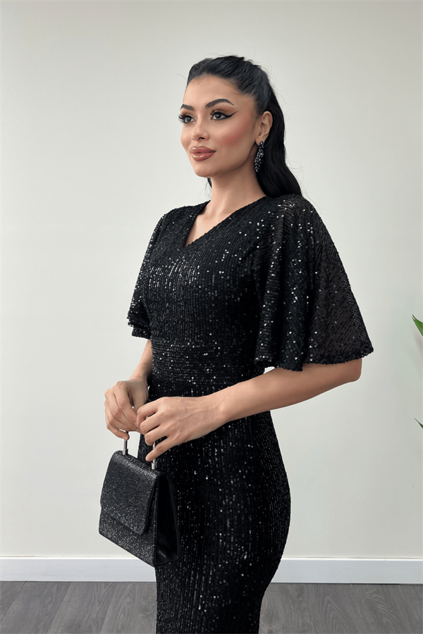 Pul Payet Kumaş V Yaka Abiye Elbise - SİYAH