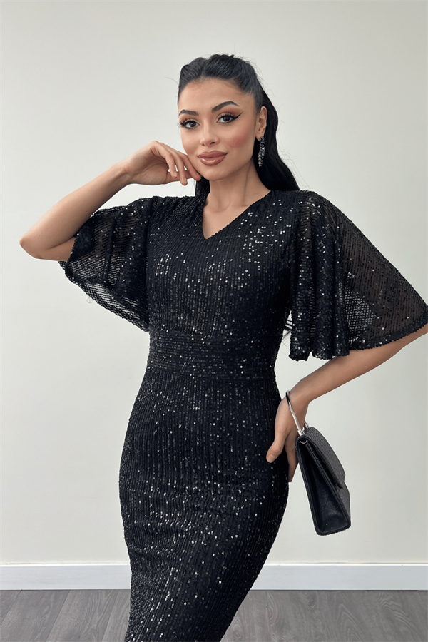 Pul Payet Kumaş V Yaka Abiye Elbise - SİYAH