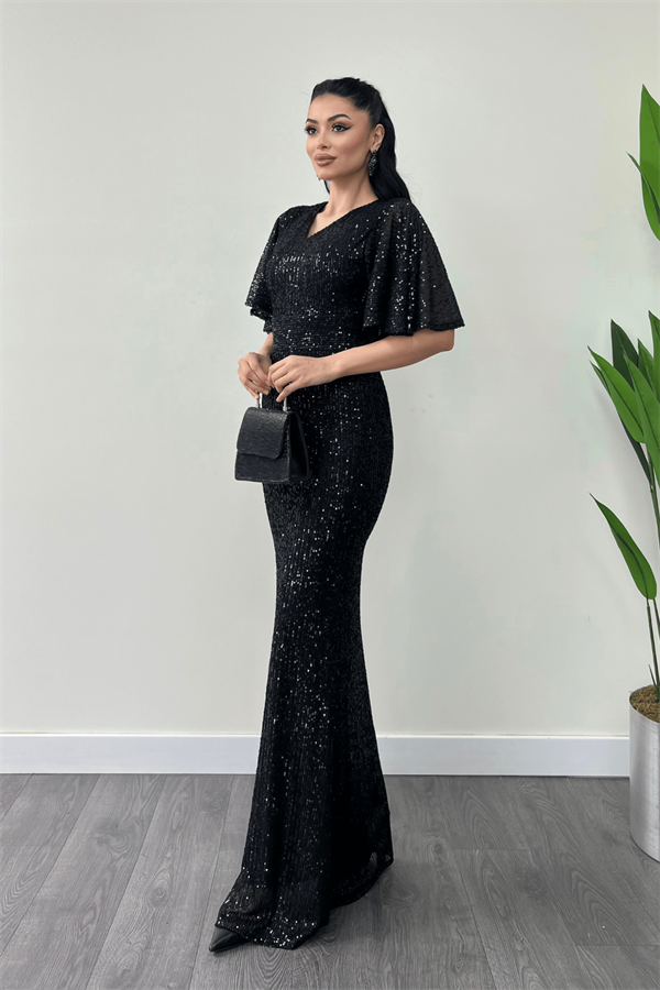 Pul Payet Kumaş V Yaka Abiye Elbise - SİYAH