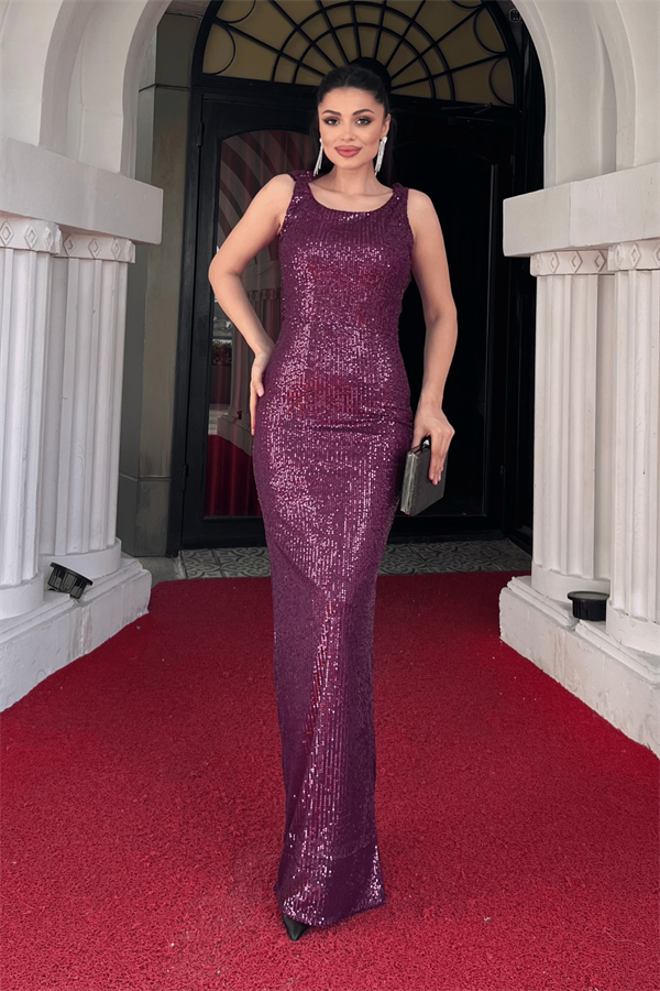 Pul Payet Sırt Degaje Yaka Abiye Elbise - MOR