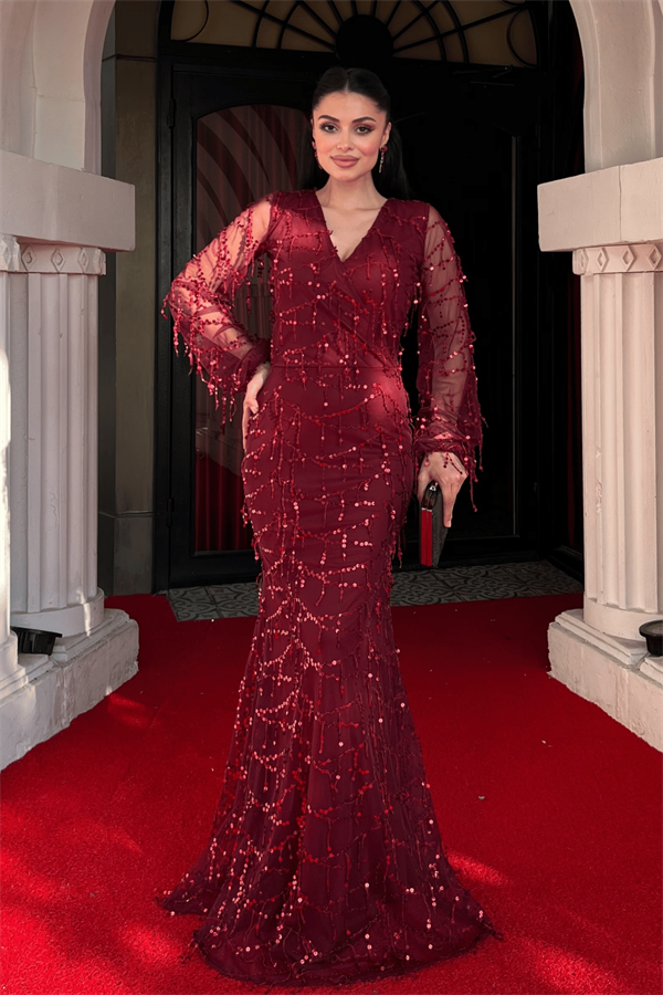 Pul Saçaklı Tasarım Elbise - BORDO