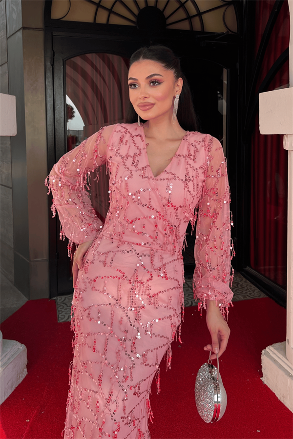 Pul Saçaklı Tasarım Elbise - PUDRA