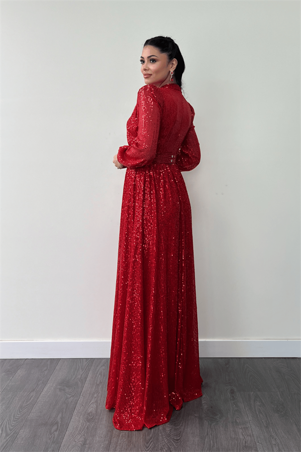 Pul Tül Payet Kumaş Büzgü Detaylı Kiloş Elbise - KIRMIZI