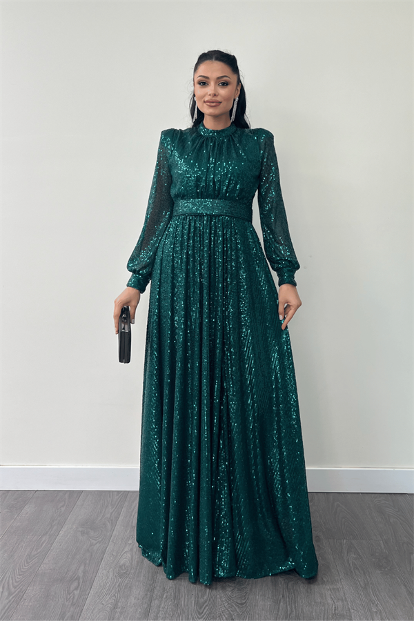 Pul Tül Payet Kumaş Büzgü Detaylı Kiloş Elbise - ZÜMRÜT YEŞİL