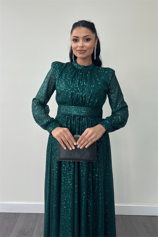 Pul Tül Payet Kumaş Büzgü Detaylı Kiloş Elbise - ZÜMRÜT YEŞİL