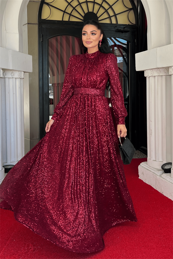 Pul Tül Payet Kumaş Büzgü Detaylı Kiloş Elbise - BORDO