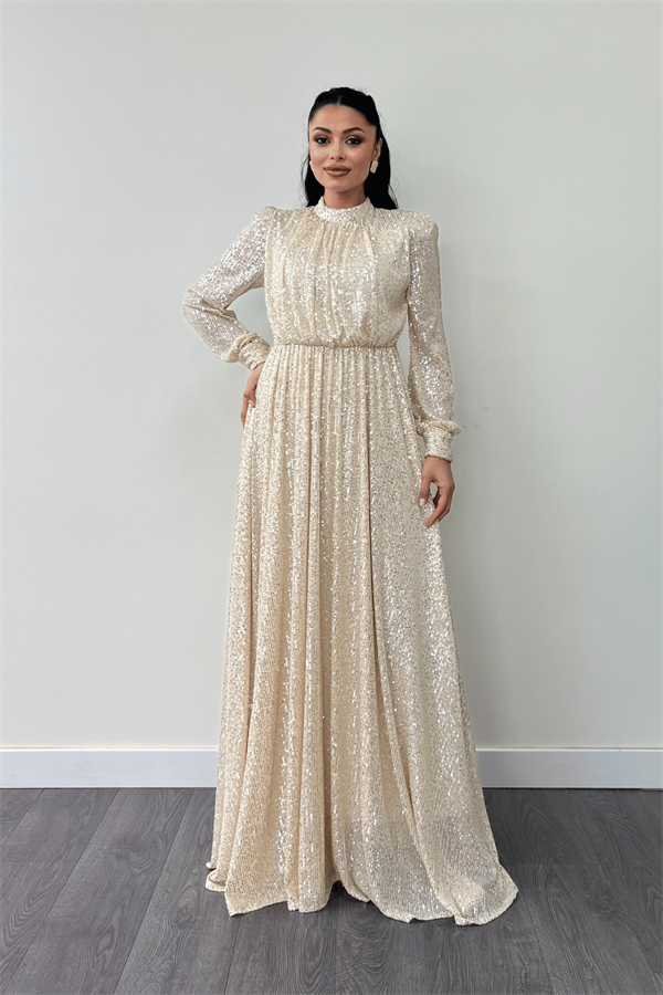 Pul Tül Payet Kumaş Büzgü Detaylı Kiloş Elbise - GOLD