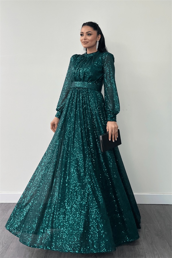 Pul Tül Payet Kumaş Büzgü Detaylı Kiloş Elbise - ZÜMRÜT YEŞİL