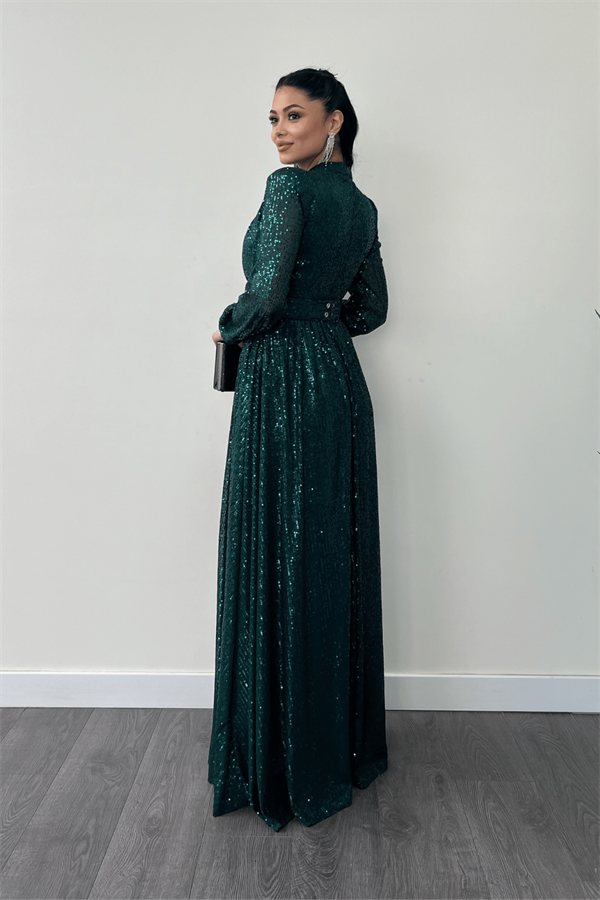 Pul Tül Payet Kumaş Büzgü Detaylı Kiloş Elbise - ZÜMRÜT YEŞİL