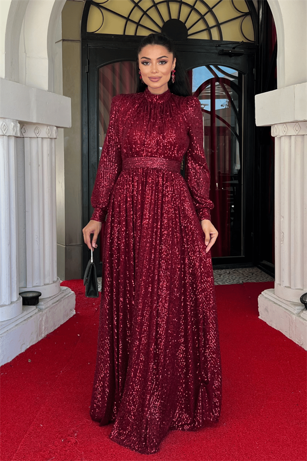 Pul Tül Payet Kumaş Büzgü Detaylı Kiloş Elbise - BORDO