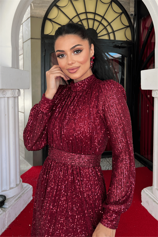 Pul Tül Payet Kumaş Büzgü Detaylı Kiloş Elbise - BORDO