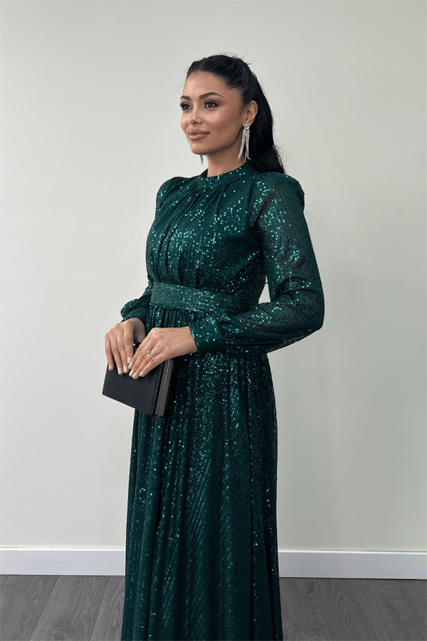 Pul Tül Payet Kumaş Büzgü Detaylı Kiloş Elbise - ZÜMRÜT YEŞİL