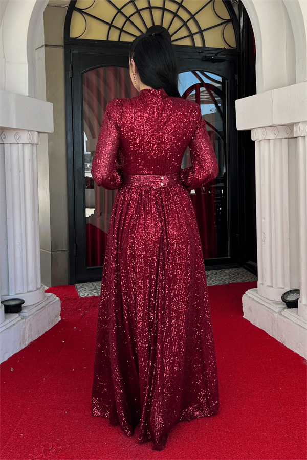 Pul Tül Payet Kumaş Büzgü Detaylı Kiloş Elbise - BORDO