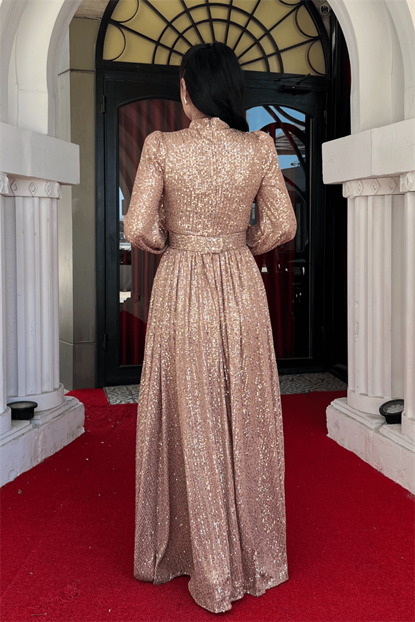 Pul Tül Payet Kumaş Büzgü Detaylı Kiloş Elbise - BRONZ