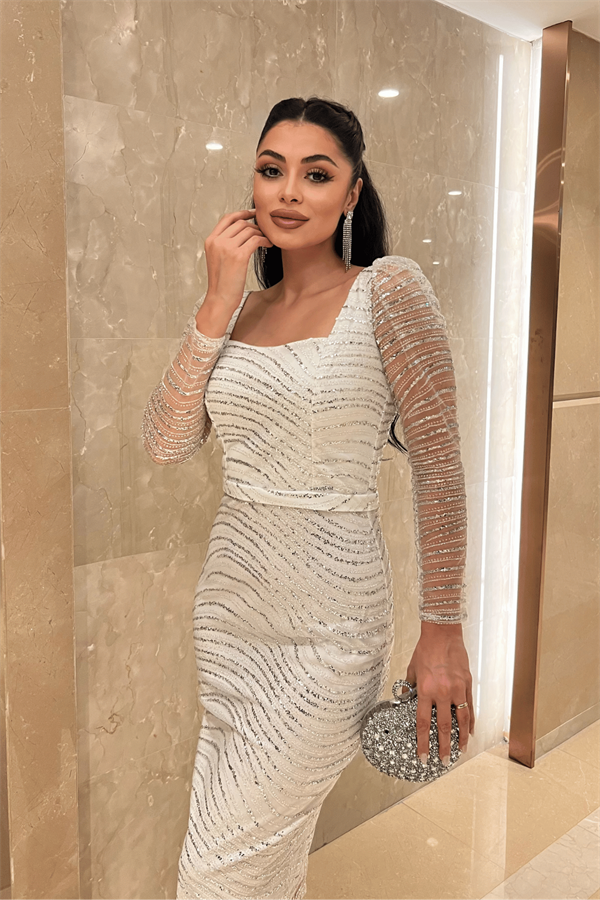 Pullu Payet Kumaş Kare Yaka Kalem Elbise - BEYAZ