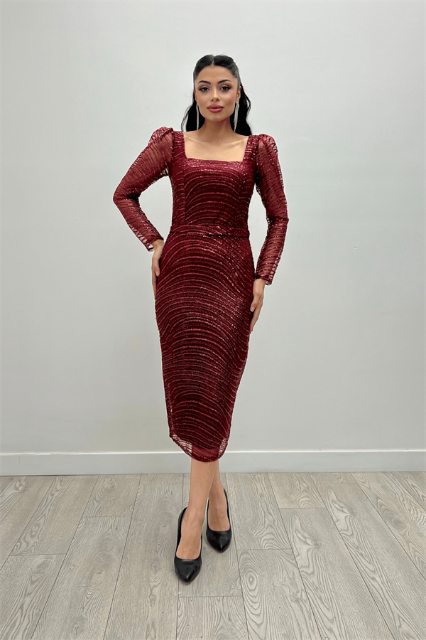 Pullu Payet Kumaş Kare Yaka Kalem Elbise - BORDO