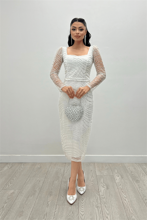 Pullu Payet Kumaş Kare Yaka Kalem Elbise - BEYAZ