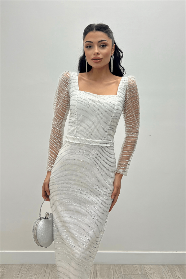 Pullu Payet Kumaş Kare Yaka Kalem Elbise - BEYAZ