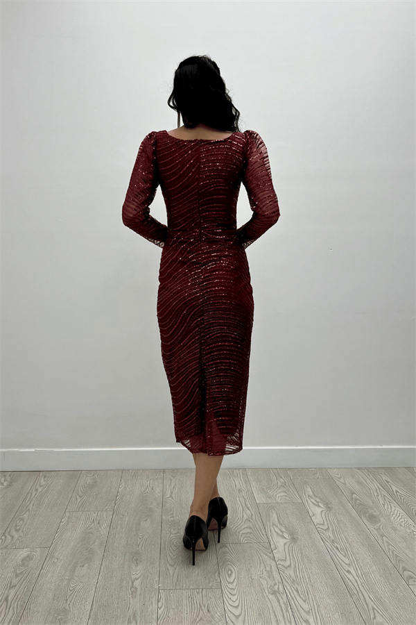 Pullu Payet Kumaş Kare Yaka Kalem Elbise - BORDO